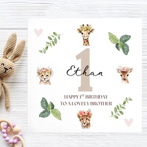 Carte d'anniversaire animal 1er frère, première carte personnalisée frère, frère a 1 an, carte couronne de fleurs animaux de la jungle, 1er cadeau beau frère