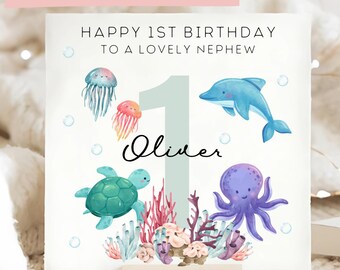 Tarjeta de cumpleaños para sobrino con temática marina, tarjeta personalizada de animales marinos para el primer cumpleaños, tarjeta para sobrino de 1 año, sobrino cumple un año.