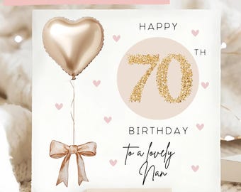 Cartão de aniversário de 70 anos para a vovó, com detalhes em dourado e bege. Cartão personalizado para comemorar os 70 anos da vovó. Cartão para celebrar os 70 anos da vovó.