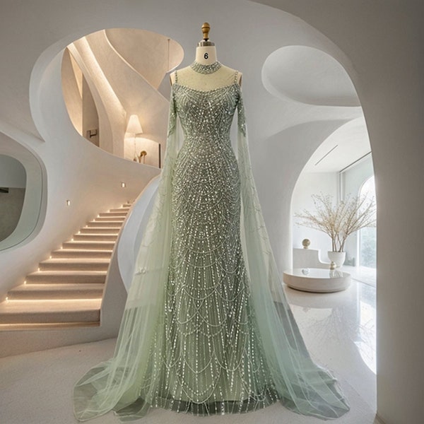 High Neck Pearls Evening Dress Cape Sleeve Sage Green Beading Sequined Prom Dress Tulle Mermaid