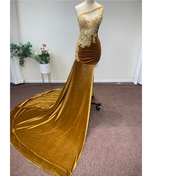 Brown Velvet Mermaid Evening Dress One Shoulder Beading Sequined Asymmetric Prom Gown Pearls Appliques Embroidery