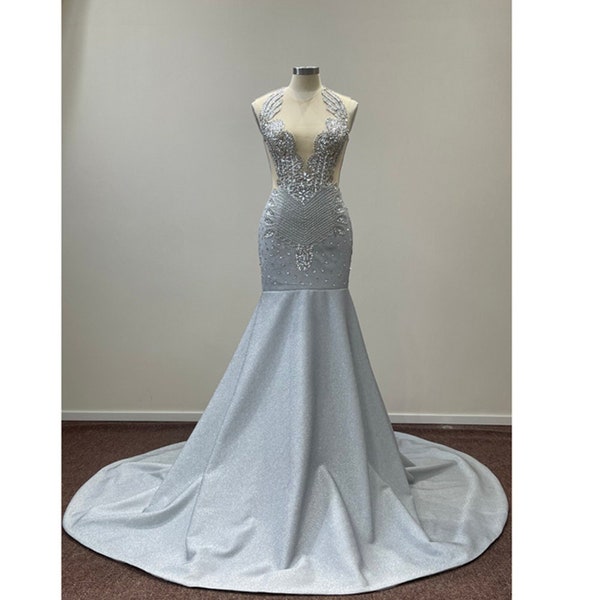 Gray Crystal Prom Dress Beading Sequined Mermaid Illusion Evening Gown Crew Neck Sleeveless