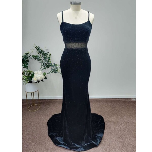Black Velvet Mermaid Evening Dress Beading Illusion Prom Gown Sweetheart Spaghetti Straps