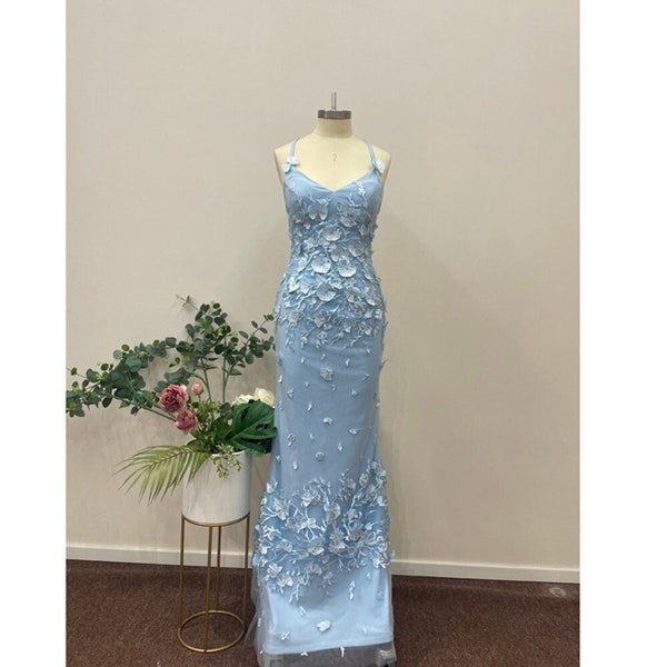 Baby Blue Halter Prom Dress Appliques Cross Straps Embroidery Evening Gown Formal Party Backless