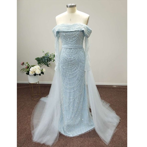 Sky Blue Beading Evening Dress Off Shoulder Sequined Tulle Pearls Mermaid Prom Dress Long Sleeve With Sashes