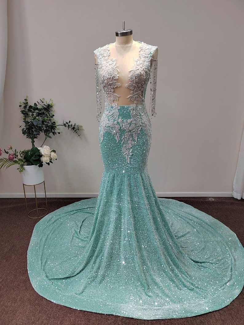 Mint Green Sequined Prom Dress V Neck Appliques Embroidery Beading ...