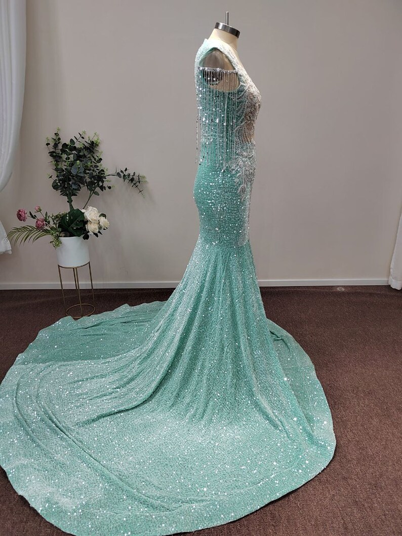 Mint Green Sequined Prom Dress V Neck Appliques Embroidery Beading ...