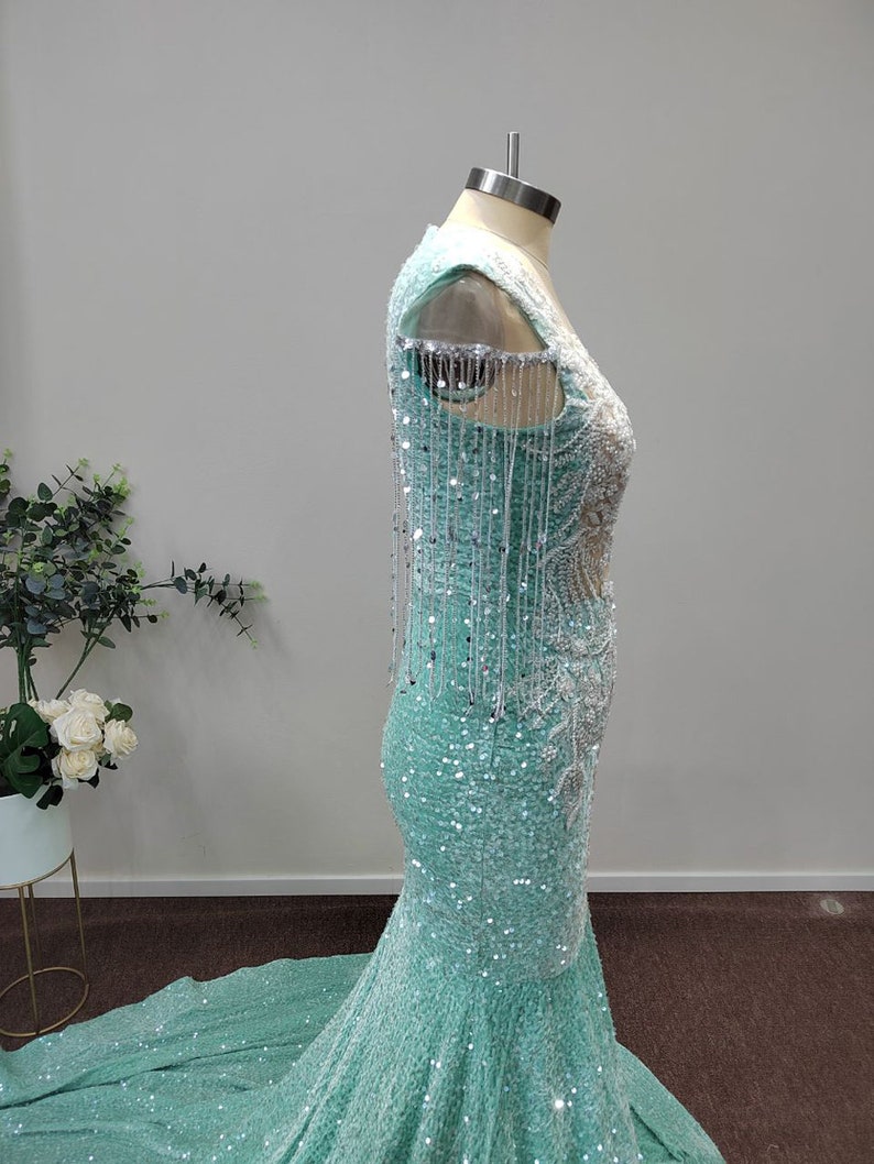 Mint Green Sequined Prom Dress V Neck Appliques Embroidery Beading ...