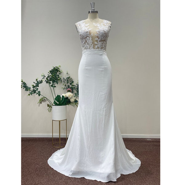 White Mermaid Appliques Embroidery Wedding Dress Chiffon Bridal Gown Crew Neck Sleeveless Illusion