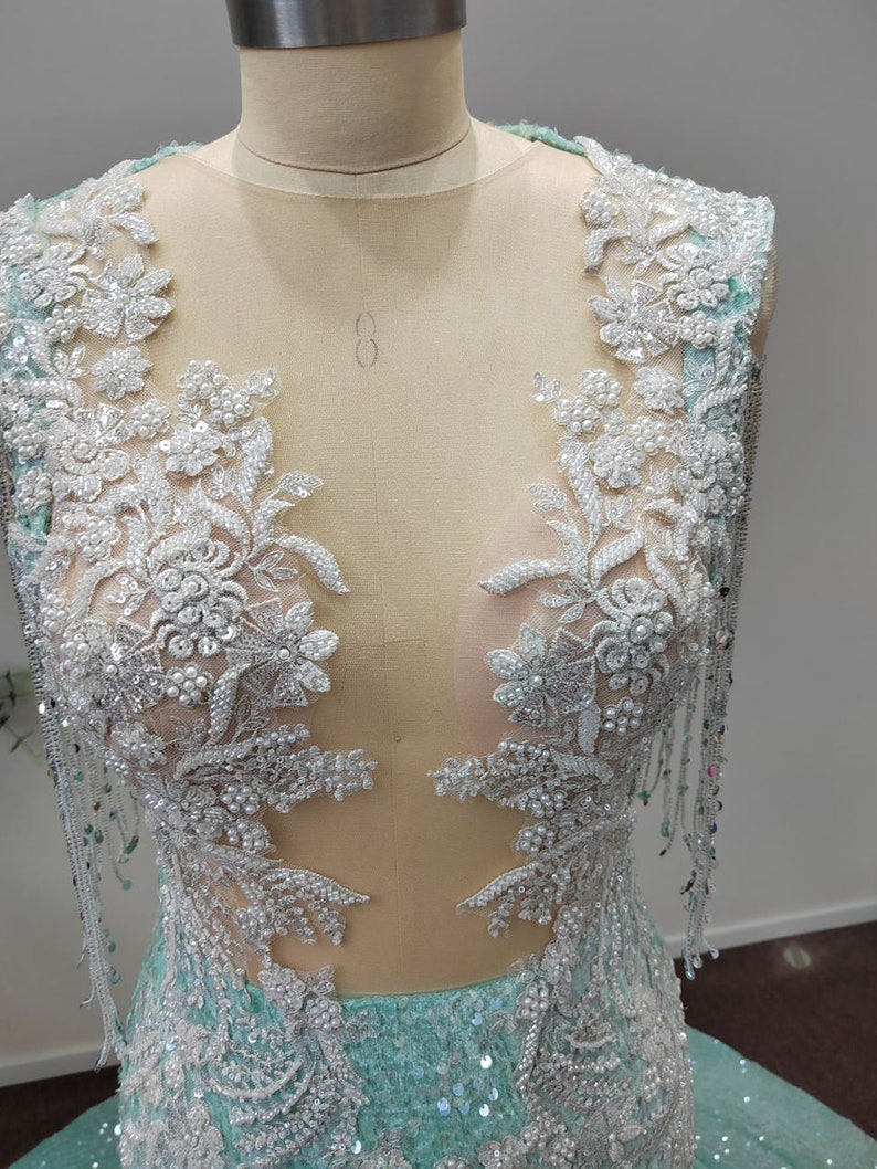 Mint Green Sequined Prom Dress V Neck Appliques Embroidery Beading ...