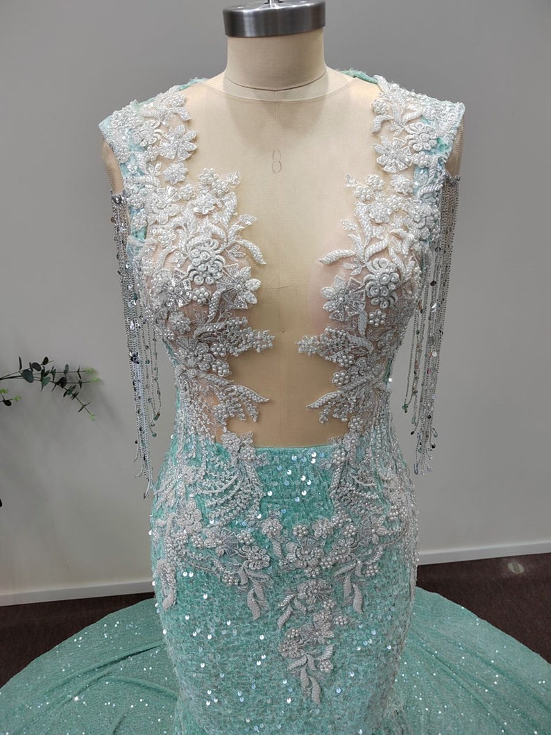 Mint Green Sequined Prom Dress V Neck Appliques Embroidery Beading ...