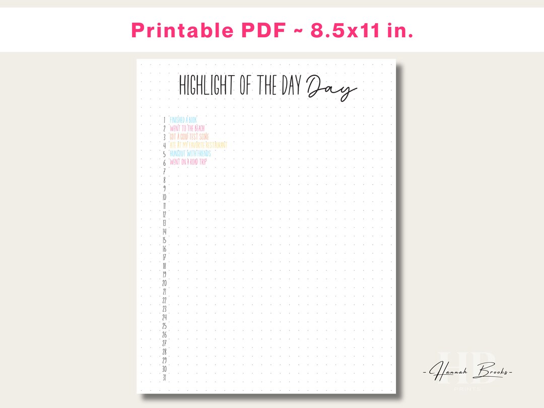 Highlight of the Day Tracker, Printable Bullet Journal Highlight of the ...