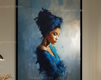 Ebony Blue Elegance: African American Woman Portrait Art Print