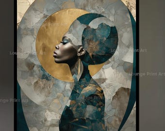 Ebony Botanical Art Print: Black Woman Portrait, Teal & Gold
