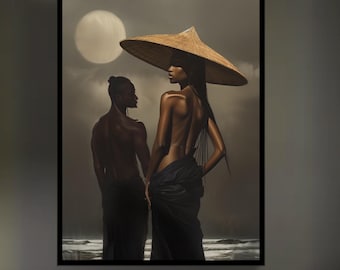May include: A painting of a couple standing in front of a large moon. The woman is wearing a large, wide-brimmed hat and a flowing dress. The man is standing behind her, with his arms crossed.