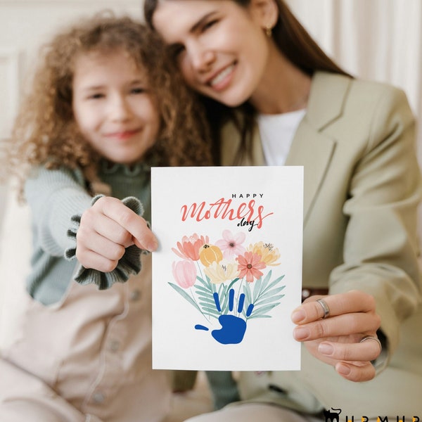 Mother's Day Printable Art - Child's Handprint with Minimalist Watercolor Flowers, DIY Craft Gift Activity, Memorable Mothers Day Gift