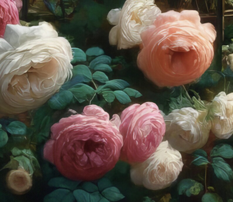 Young Lady English Tea Rose Garden Drawing Decor Vintage Oil Painting ...