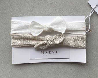 Knit and Linen Baby Headband Set | Set of 2 Rustic Newborn Bows for Photoshoot | Textured Neutral Photo Prop