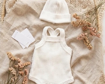 Ivoor gebreide pasgeboren romper jongen, Coming Home-outfit, doopoutfit jongens, fotografierekwisieten