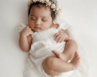 White Peplum Baby Girl Romper Smocked Newborn Outfit Hospital Photo Prop Heirloom Gift