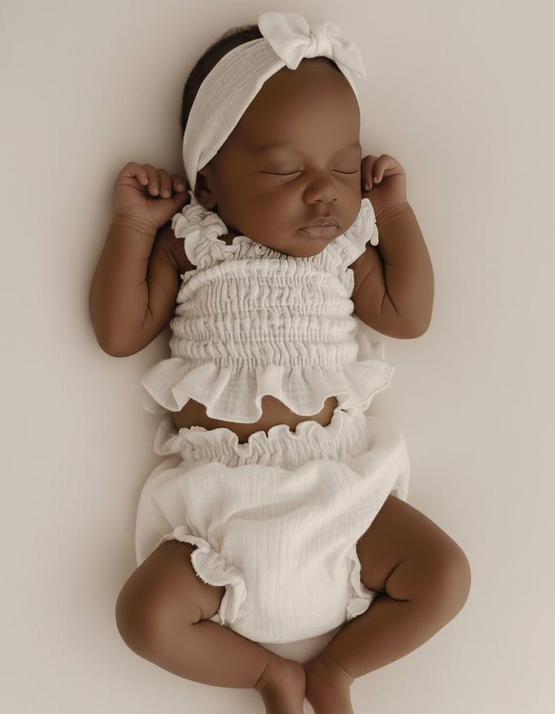 Full body flat studio lighting shot of a resting infant wearing white smocked baby clothes. The breathable, zero-iron fabric features a ruffled top, puffy bloomers, and a matching baby girl headband, perfect for a minimalist client closet.