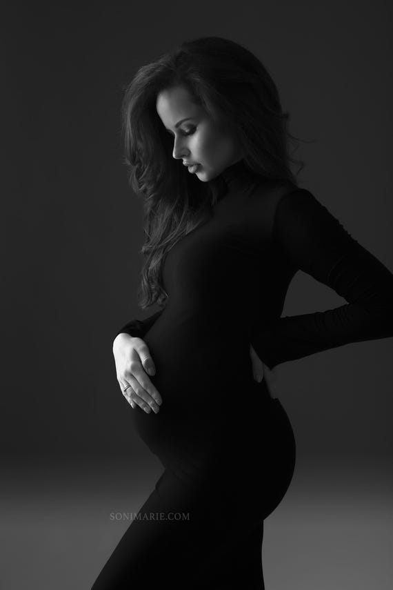 High Neck Maternity Dress, Black Bodycon Evening Gown, Minimalist Photoshoot Clothes, Photography Props