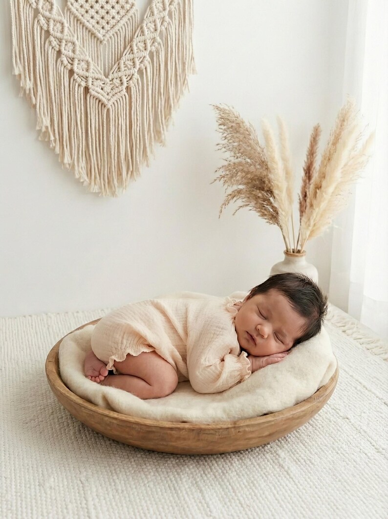 Sleeping newborn in a rustic wooden bowl with macrame and pampas grass backdrop. Wearing the vintage-style Lylou vanilla romper. Perfect boho aesthetic newborn outfit girl for studio fine art photography.
