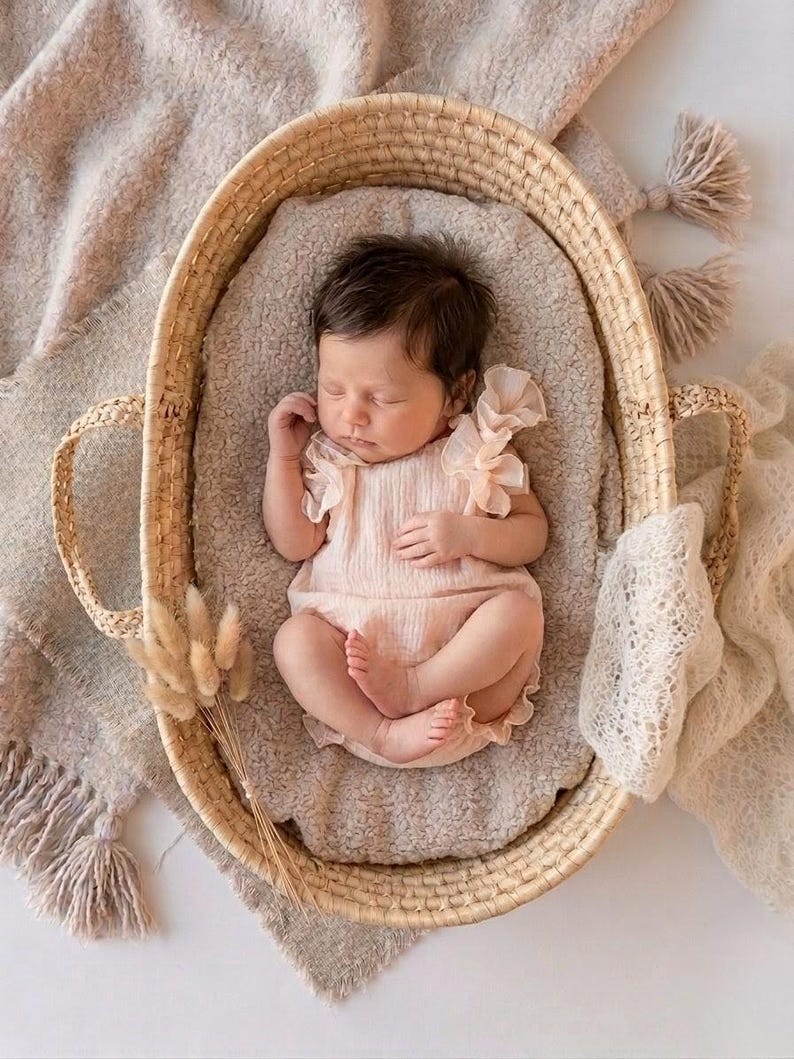 Sleeping newborn girl inside a rustic woven basket wearing a creamy textured baby romper. The cotton fabric and ruffle shoulders create a soft, ethereal vibe, serving as highly sought-after newborn photography props for studio sessions.