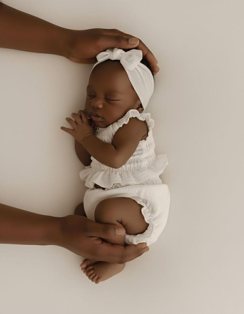 Photographer's hands carefully support a sleeping newborn wearing a white two-piece baby romper. The studio strobe lighting emphasizes the tactile, soft cotton puffy bloomers and smocked top, showcasing versatile and functional newborn props.