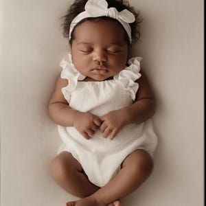 Frontal view of a sleeping infant in a luminous off-white newborn romper and coordinating bow. Showcases the secure smocked bodice and elasticized leg openings designed to conceal diapers seamlessly during studio portrait sessions.