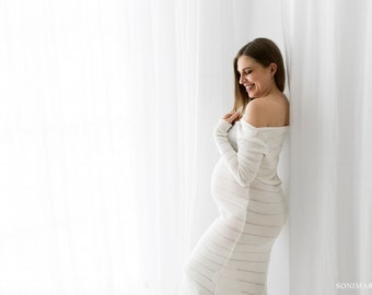 Ecru Patterned Sweater Knit Gown with Train | Maternity Photoshoot Dress | Pregnancy Fashion | Pregnancy Dress | Maternity Session