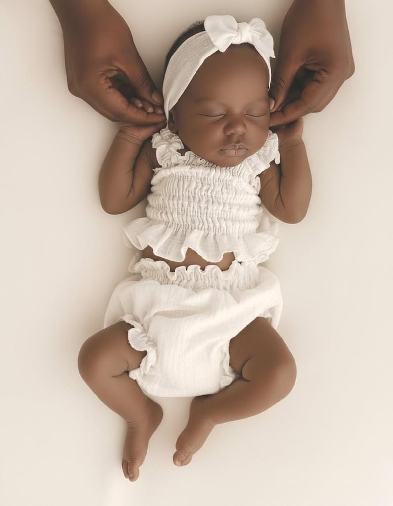 May include: A sleeping infant wearing a white two-piece outfit consisting of a sleeveless smocked top with ruffled edges and matching ruffled bloomers. The infant also wears a coordinating white headband featuring a small bow detail on the top.