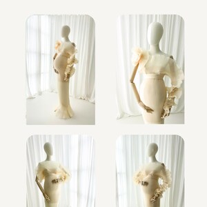 Collage showing four different full-body poses of the Celessia Creamy Peach gown on a mannequin. Illustrates the versatile styling of the ruffle sleeves and the overall fitted mermaid silhouette for dramatic photography.