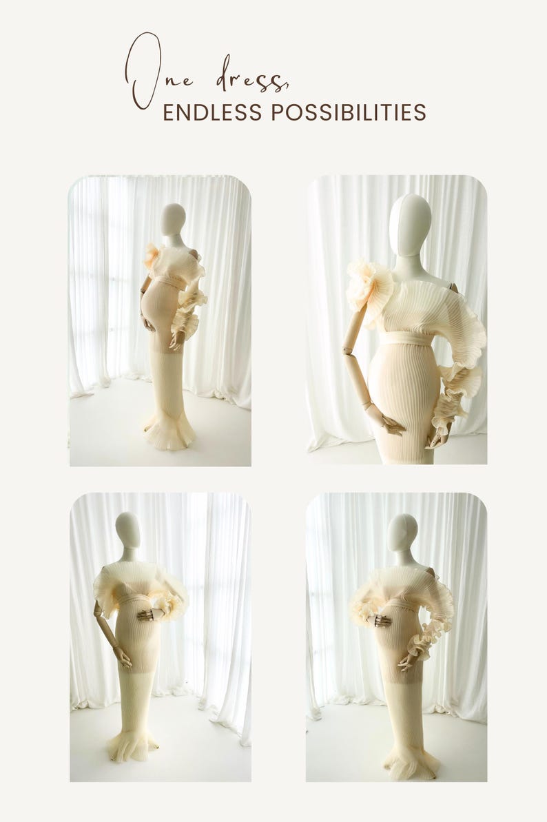 Collage showing four different full-body poses of the Celessia Creamy Peach gown on a mannequin. Illustrates the versatile styling of the ruffle sleeves and the overall fitted mermaid silhouette for dramatic photography.