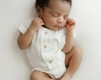 Crinkled Ivory Baby Boy Romper Newborn Coming Home Outfit Hospital Photo Prop Clothes