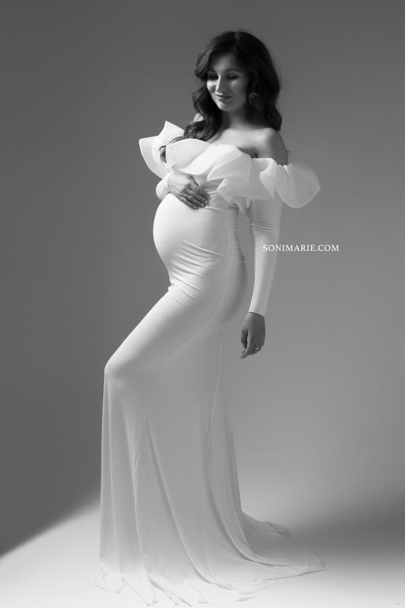 Off-Shoulder Ruffle Maternity Gown | Fitted Bodycon Dress, Detachable Sleeves