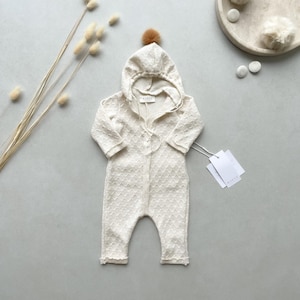 Knit Hooded Baby Romper: Honeycomb Jumpsuit with Pockets