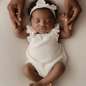 Newborn girl wearing a delicate ivory smocked baby romper with a matching soft-bow headband. Adult hands gently hold the baby. A beautiful, luminous baby announcement scene capturing pure innocence and emotional connection.