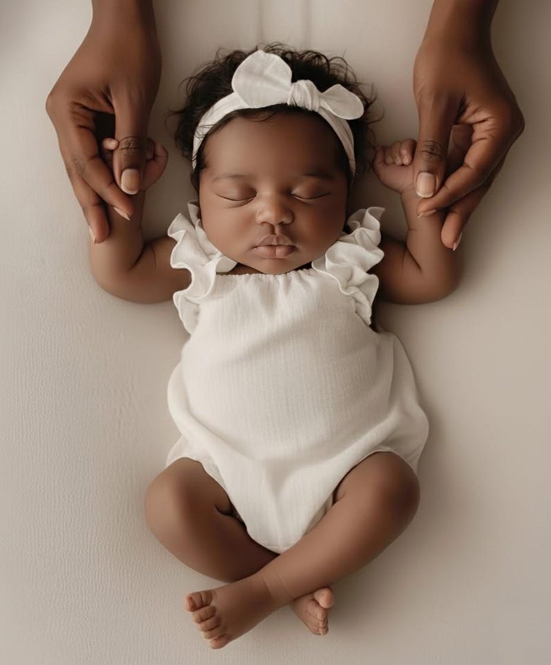 Newborn girl wearing a delicate ivory smocked baby romper with a matching soft-bow headband. Adult hands gently hold the baby. A beautiful, luminous baby announcement scene capturing pure innocence and emotional connection.