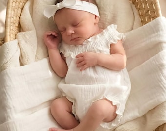 White Smocked Baby Girl Clothes, Newborn Outfit, Baptism Shower Gift, Boho Romper Photography Props