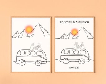 Vanlife minimalist line art poster customizable or not for couple/friendship - ideal gift
