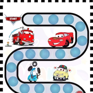 以下が含まれることがあります： 赤い消防車、赤いレーシングカー、青いレッカー車、黄色い車、茶色のレッカー車など、カーズをテーマにした印刷可能なゲームボード。ゲームボードにはスタートとフィニッシュラインがあり、青い円が続く道があります。
