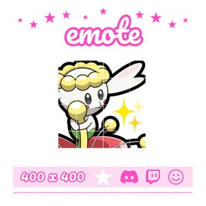 May include: A digital illustration of a white creature with yellow hair and ears, holding a yellow staff while sitting on a red surface. The image features the text "emote" at the top and "400 x 400" at the bottom, surrounded by pink stars.
