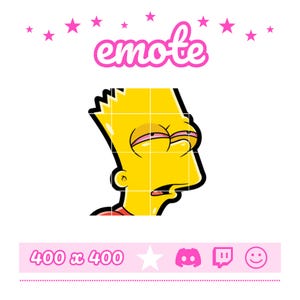 May include: A digital graphic featuring a yellow cartoon character head with spiky hair and half-closed eyes, centered on a white background. The word "emote" is written in pink above, and "400 x 400" is at the bottom with social media icons.