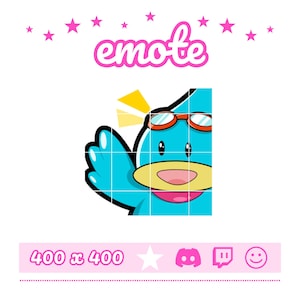 May include: A digital graphic featuring a blue cartoon character with orange goggles waving a hand. The word "emote" is written in pink at the top, and the text "400 x 400" appears at the bottom alongside icons for Discord, Twitch, and a smiley face.