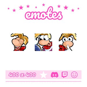 May include: A set of three digital character emotes featuring a blonde cartoon figure with a large nose and red scarf. The top text reads "emotes" in pink, and the bottom bar displays "400 x 400" with icons for Discord, Twitch, and a smiley face.
