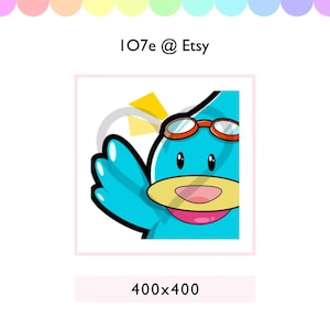 May include: A cartoon illustration of a blue character with orange goggles, a yellow beak, and a pink mouth. The image includes the text "IO7e @ Etsy" and the dimensions "400x400".