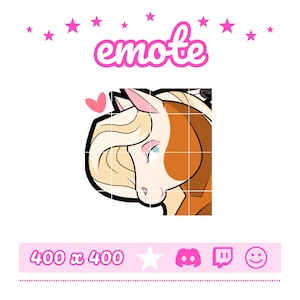Peut inclure: Un emote graphique numérique représentant une tête de cheval stylisée avec une crinière crème, un pelage marron et un petit cœur rose. Le mot emote est imprimé en rose en haut, et le texte 400 x 400 apparaît en bas avec des icônes.