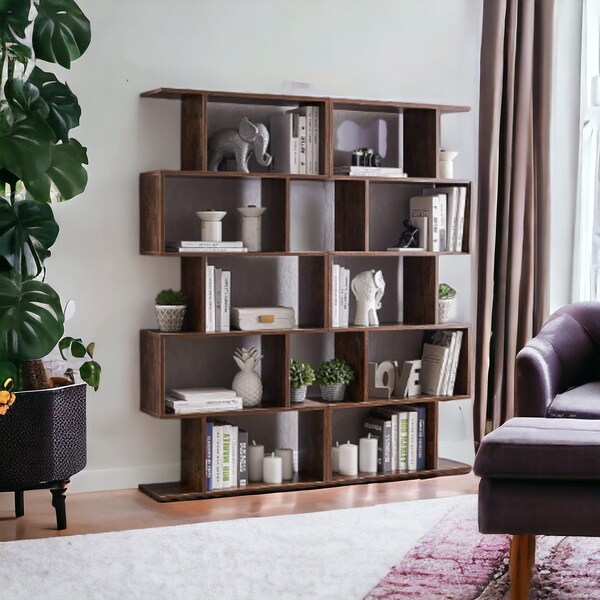 Bookshelf Set of 2, S-Shaped Modern Bookcase Room Divider, Geometric Wood Book Shelf, Tall Bookcase with 5-Tier Display Shelf