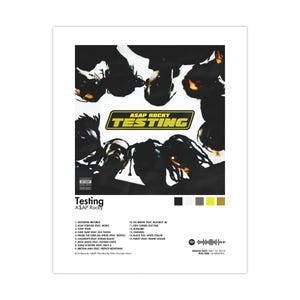 Puede incluir: Póster con la portada del álbum "Testing" de A$AP Rocky. La imagen tiene una estética oscura y melancólica con un collage de rostros. El título del álbum está en un recuadro amarillo y negro. La lista de canciones y la información de lanzamiento también son visibles.